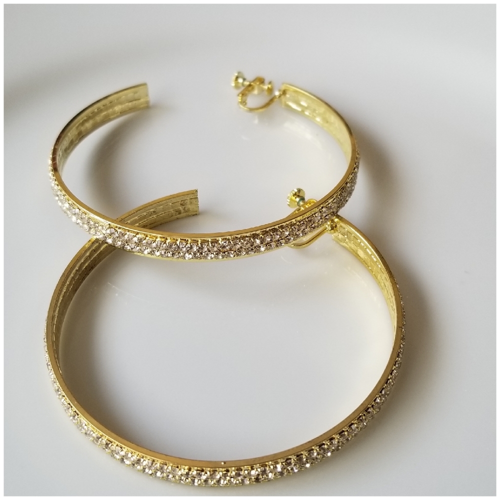 New Clip Gold Tone Earrings Rhinestone